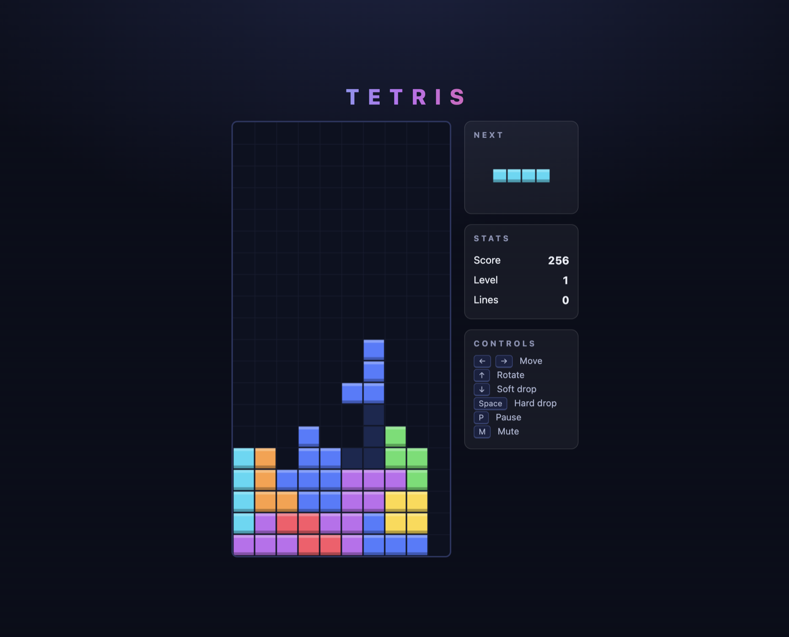 Screenshot of the Tetris game Qwen3.8-27B built in one shot: dark-themed board mid-game with score, level and lines panels, a next-piece preview showing an I-piece, and a controls legend